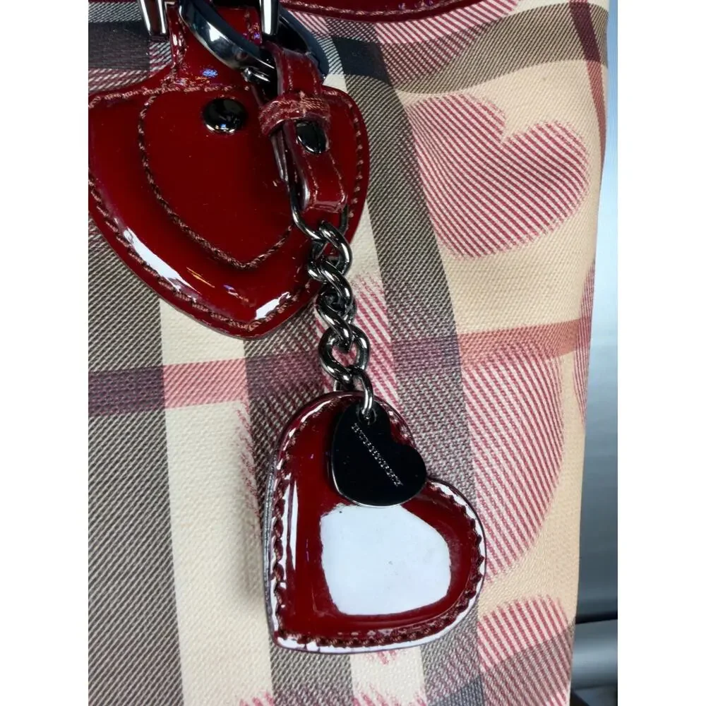 Authentic Burberry Heart Nova Check Tote Bag Coated Canvas Red Patent Trim Charm